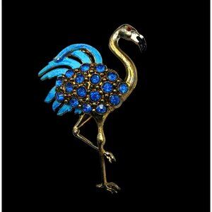 Vintage Flamingo Brooch With Blue Rhinestones & Enamel Gold-Tone Metal